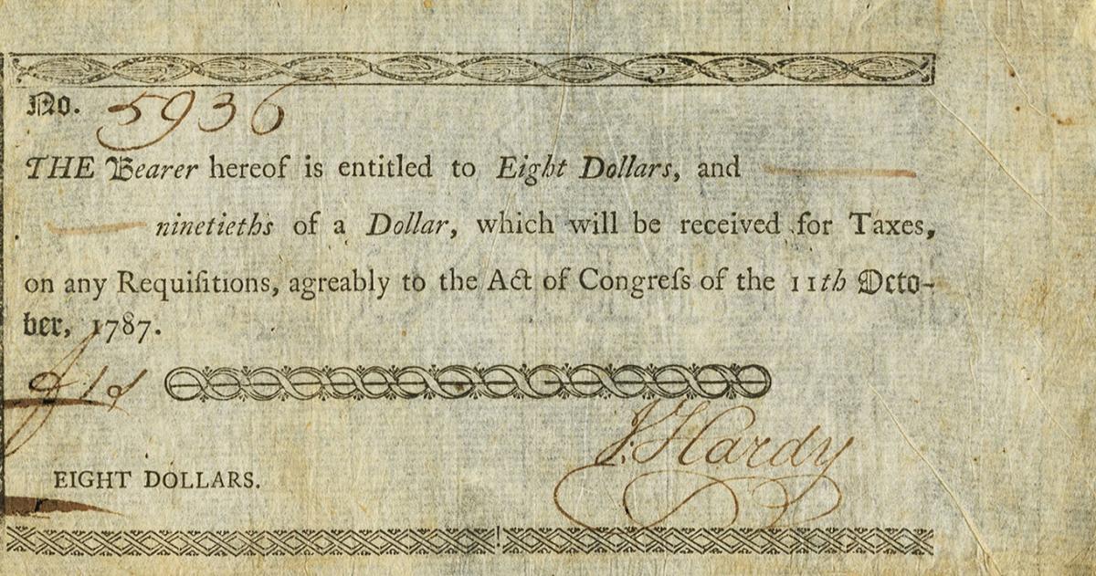 Front of United States pS202E: 8 Dollars from 1785