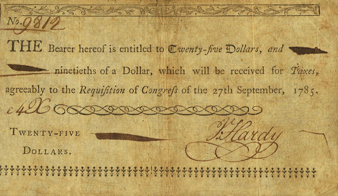 Front of United States pS202F: 25 Dollars from 1785