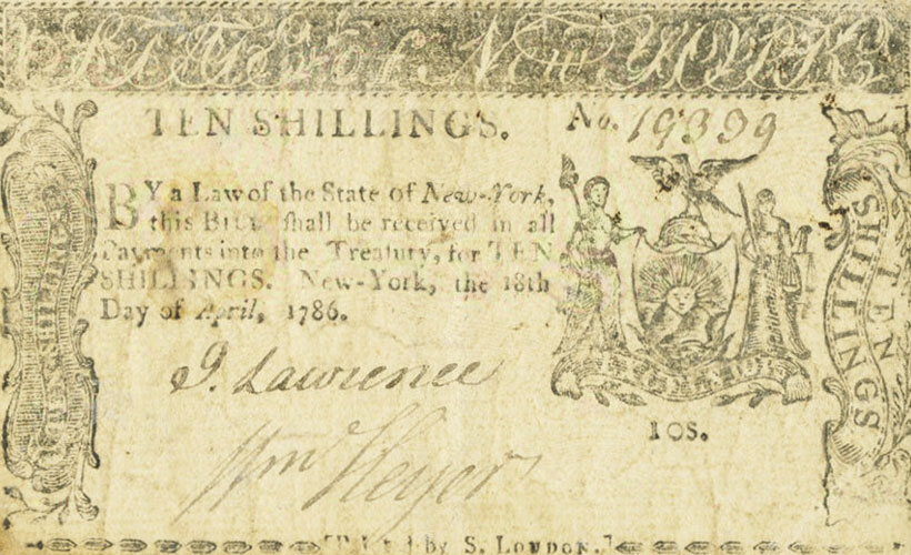 Front of United States pS2076: 10 Shillings from 1786