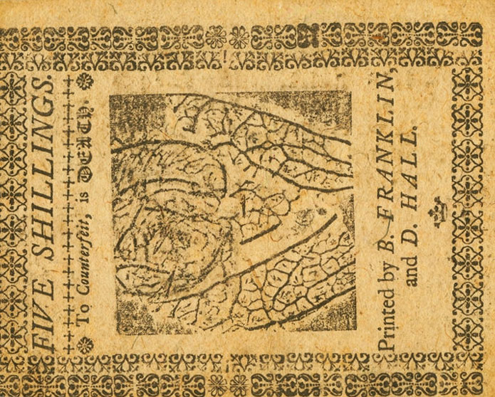 Back of United States pS2450: 5 Shillings from 1755