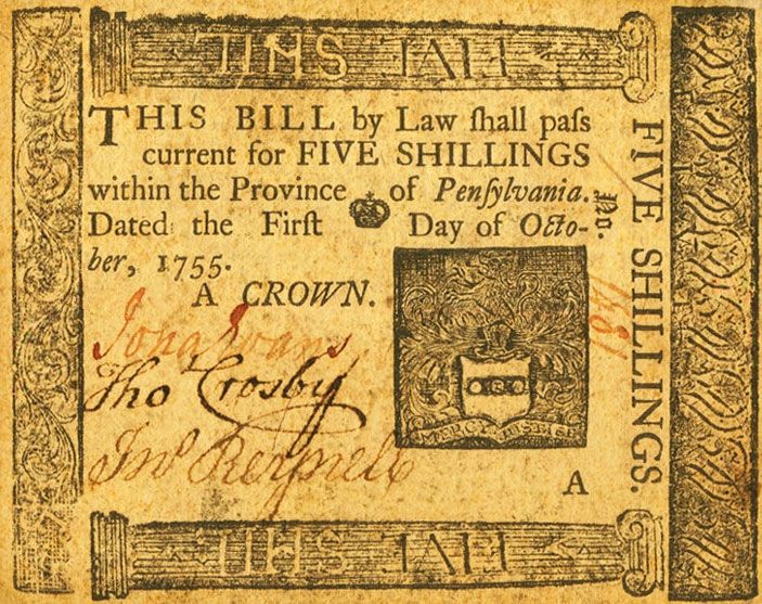 Front of United States pS2450: 5 Shillings from 1755