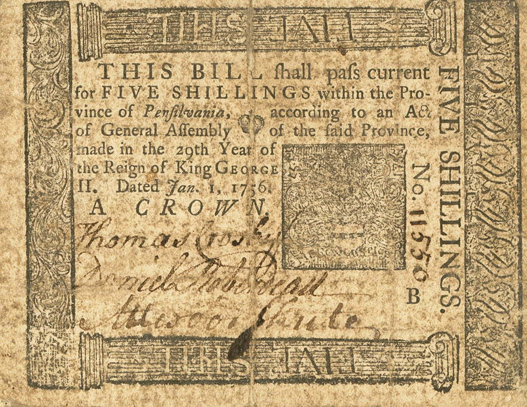 Front of United States pS2456: 5 Shillings from 1756