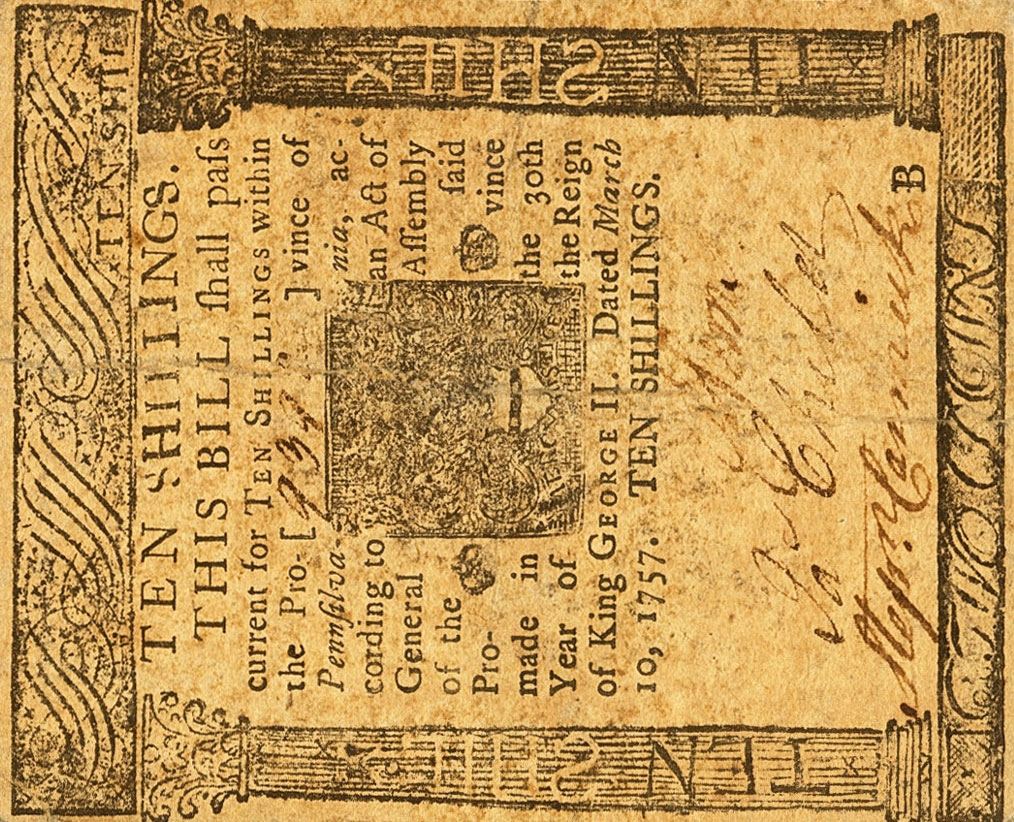 Front of United States pS2465: 10 Shillings from 1757