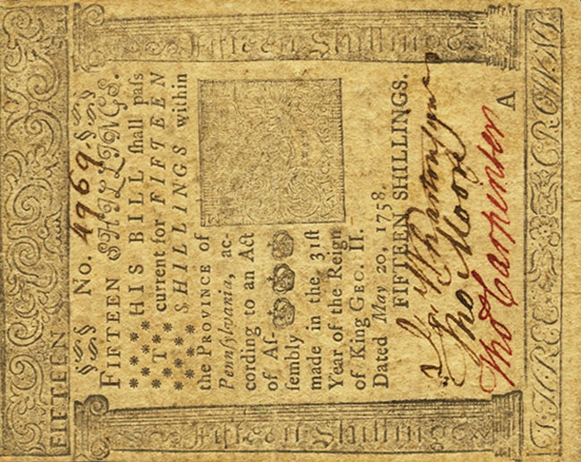 Front of United States pS2478: 15 Shillings from 1757