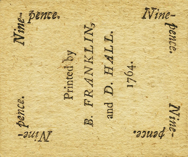 Back of United States pS2501: 9 Pence from 1764
