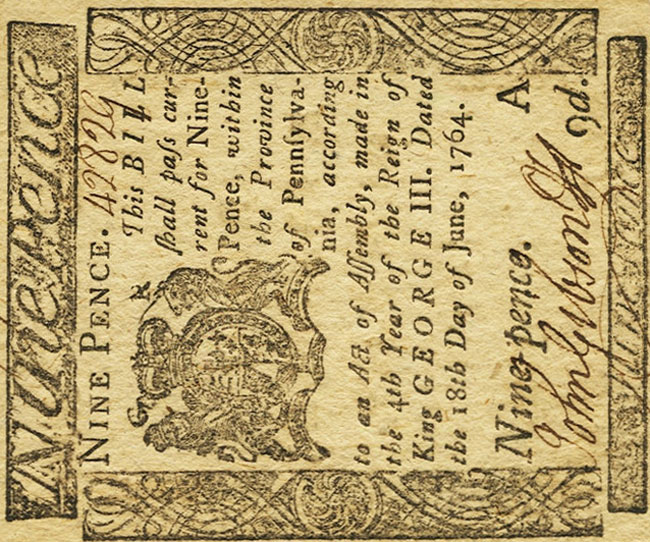 Front of United States pS2501: 9 Pence from 1764