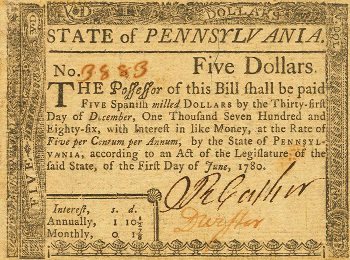 Front of United States pS2613: 5 Dollars from 1780