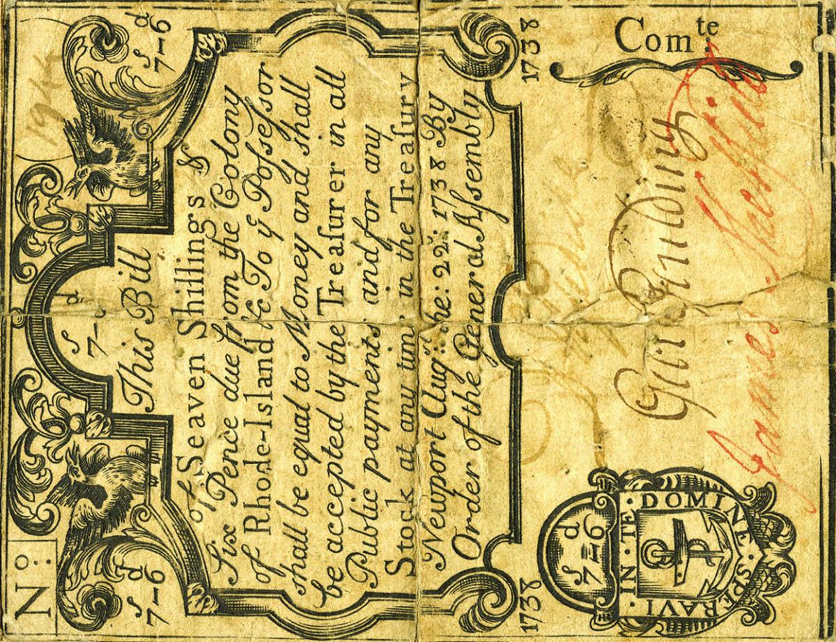 Front of United States pS2745: 7 Shillings from 1738