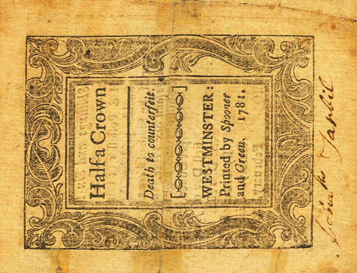 Back of United States pS3443: 2 Shillings from 1781