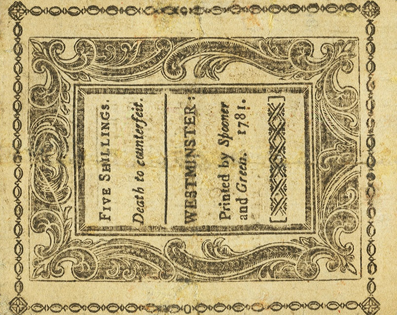 Back of United States pS3444: 5 Shillings from 1781