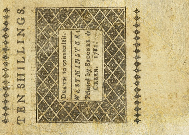 Back of United States pS3445: 10 Shillings from 1781