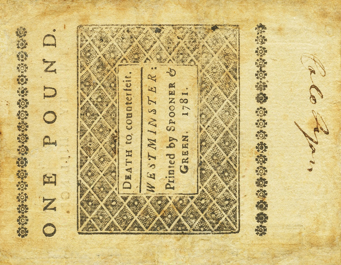 Back of United States pS3446: 20 Shillings from 1781