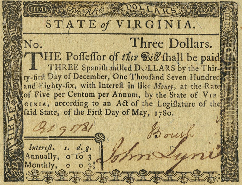 Front of United States pS3621: 3 Dollars from 1780