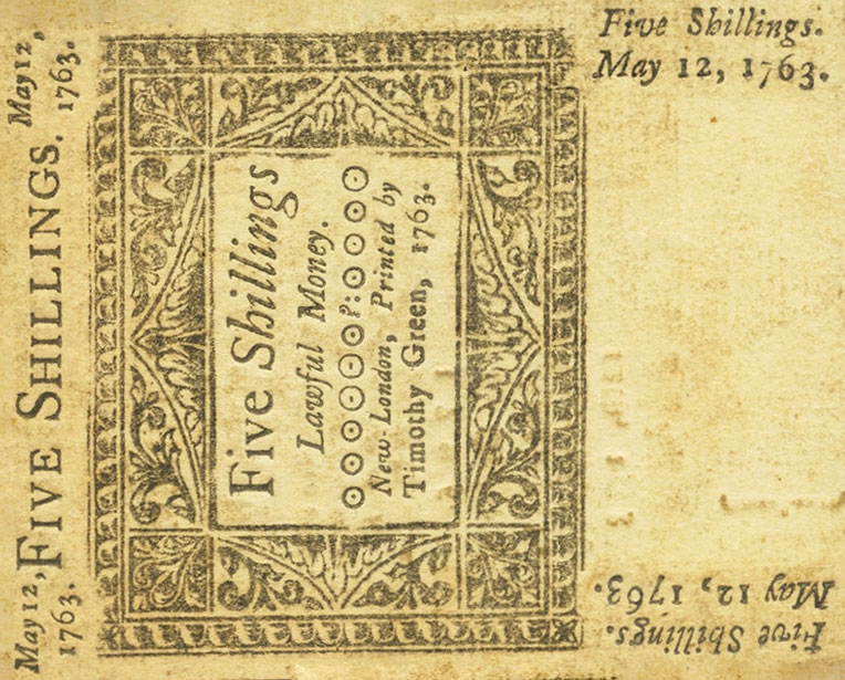 Back of United States pS465: 5 Shillings from 1763