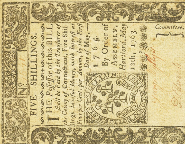 Front of United States pS465: 5 Shillings from 1763