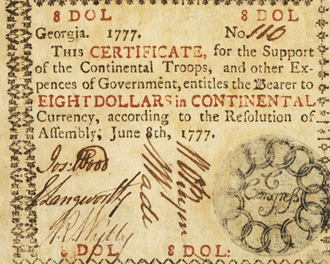 Front of United States pS800: 7 Dollars from 1777
