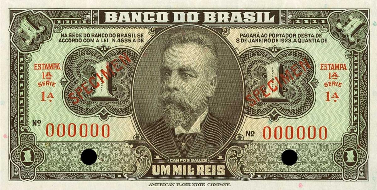 Front of Brazil p110Bs: 1 Mil Reis from 1923
