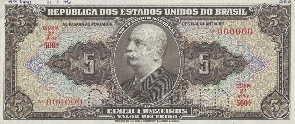 Front of Brazil p142s: 5 Cruzeiros from 1950