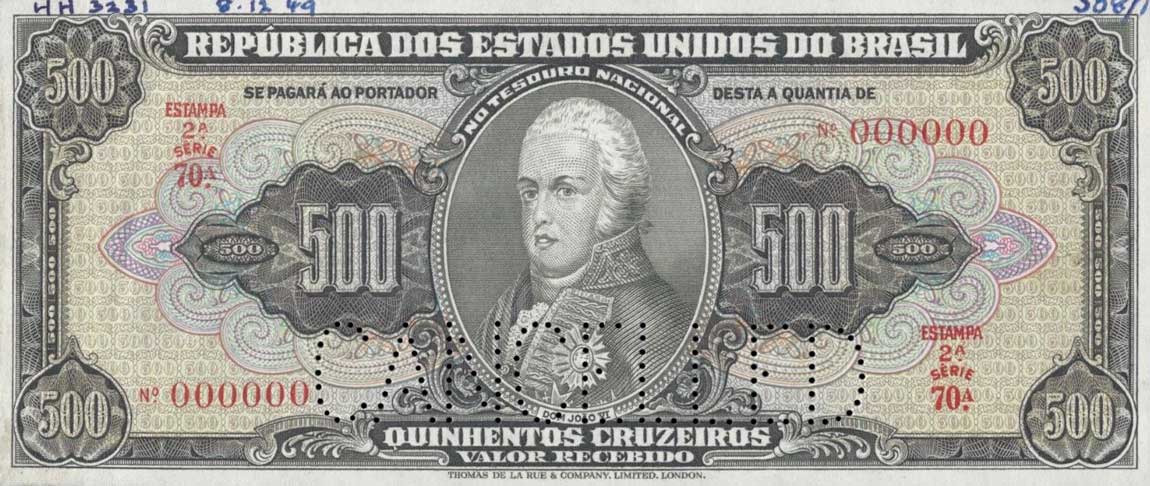 Front of Brazil p148s: 500 Cruzeiros from 1949