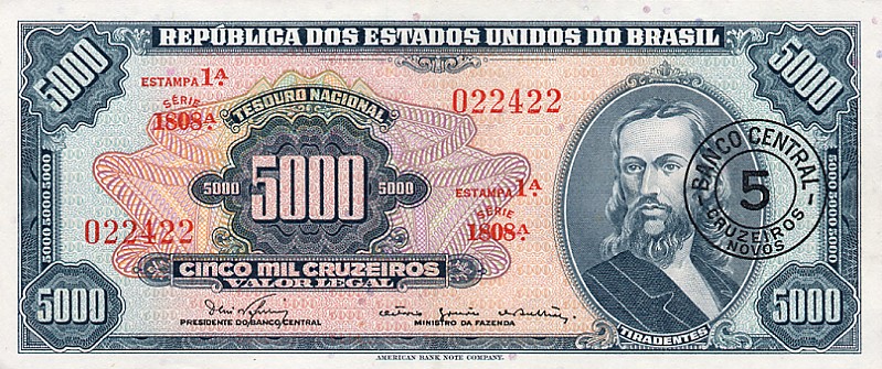 Front of Brazil p188b: 5 Cruzeiros Novos from 1966