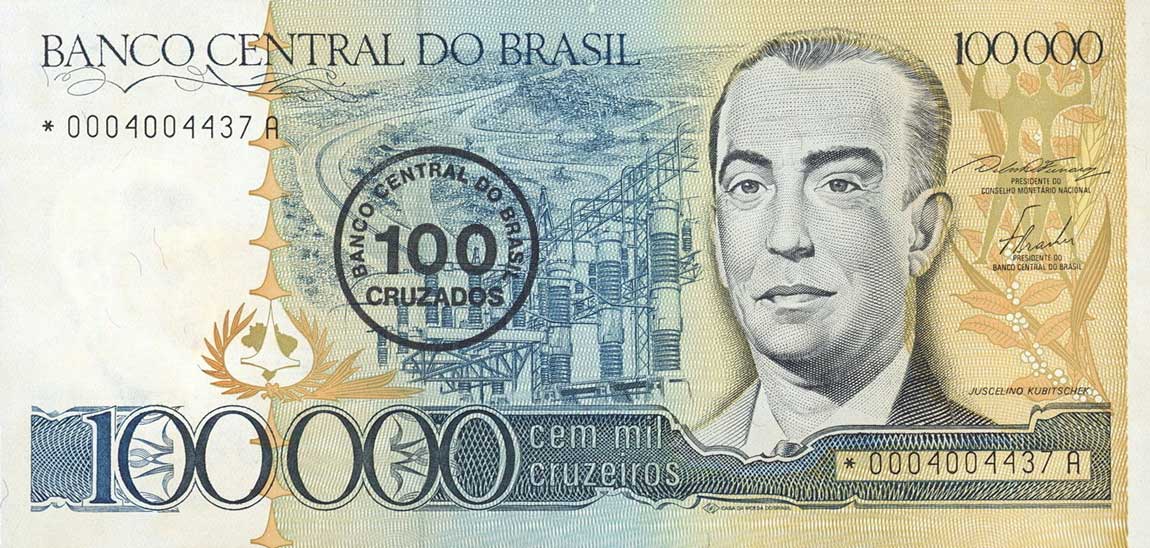 Front of Brazil p208r: 100 Cruzados from 1986