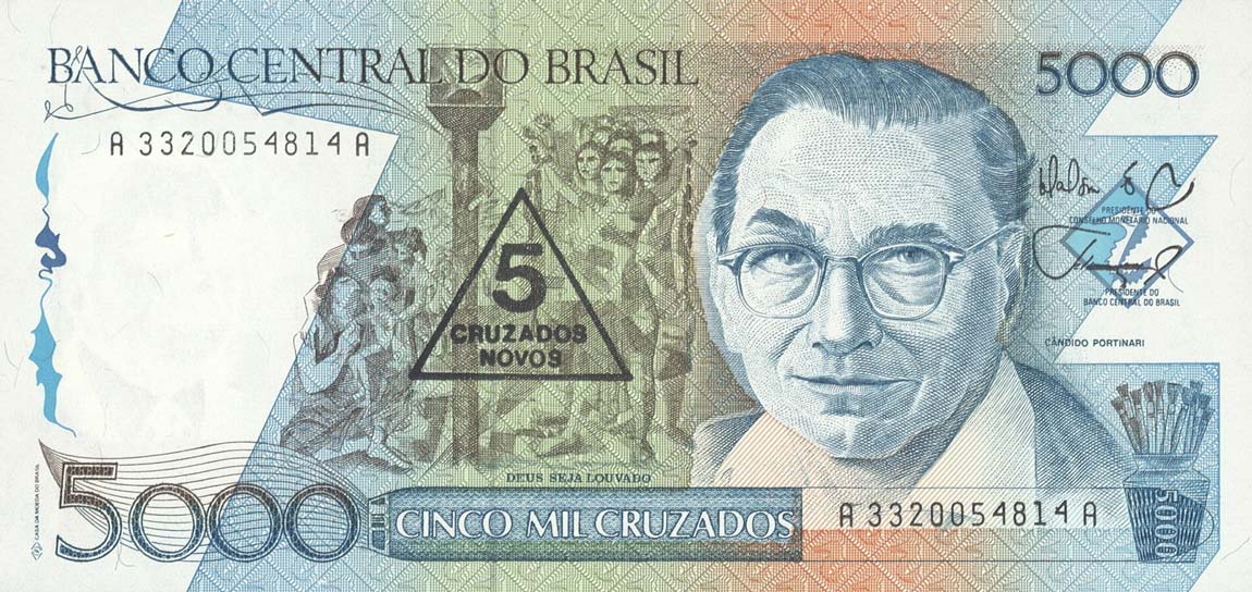 Front of Brazil p217a: 5 Cruzados Novos from 1989