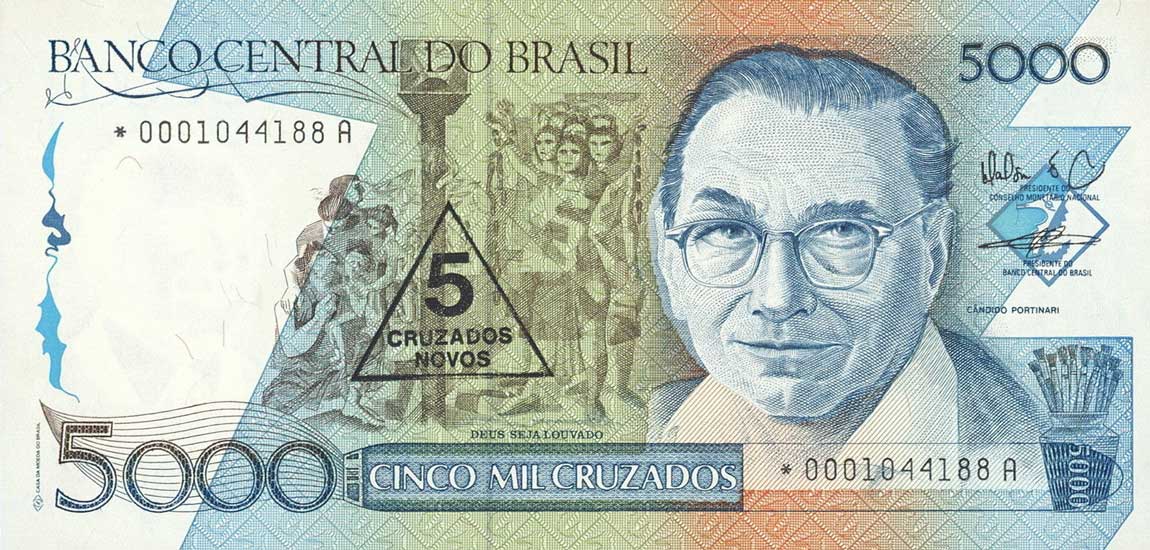 Front of Brazil p217r: 5 Cruzados Novos from 1989