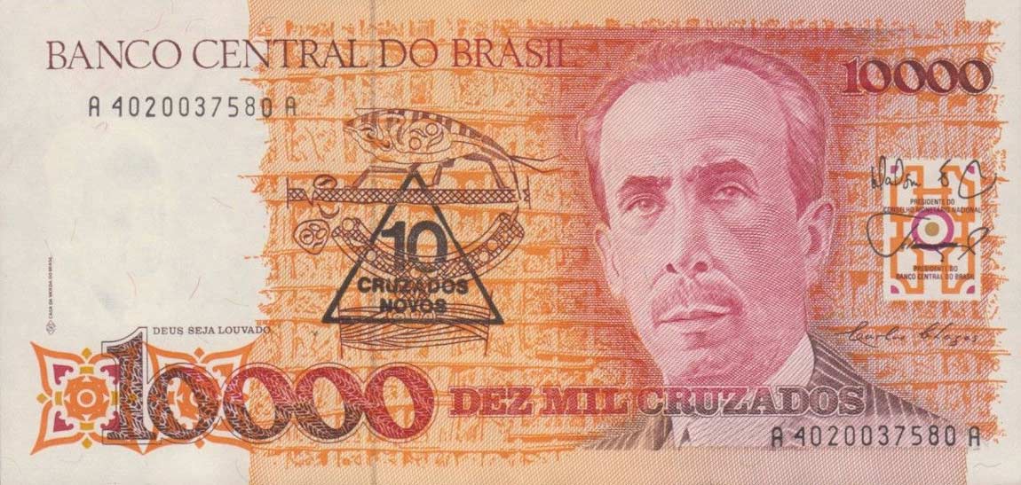 Front of Brazil p218a: 10 Cruzados Novos from 1989