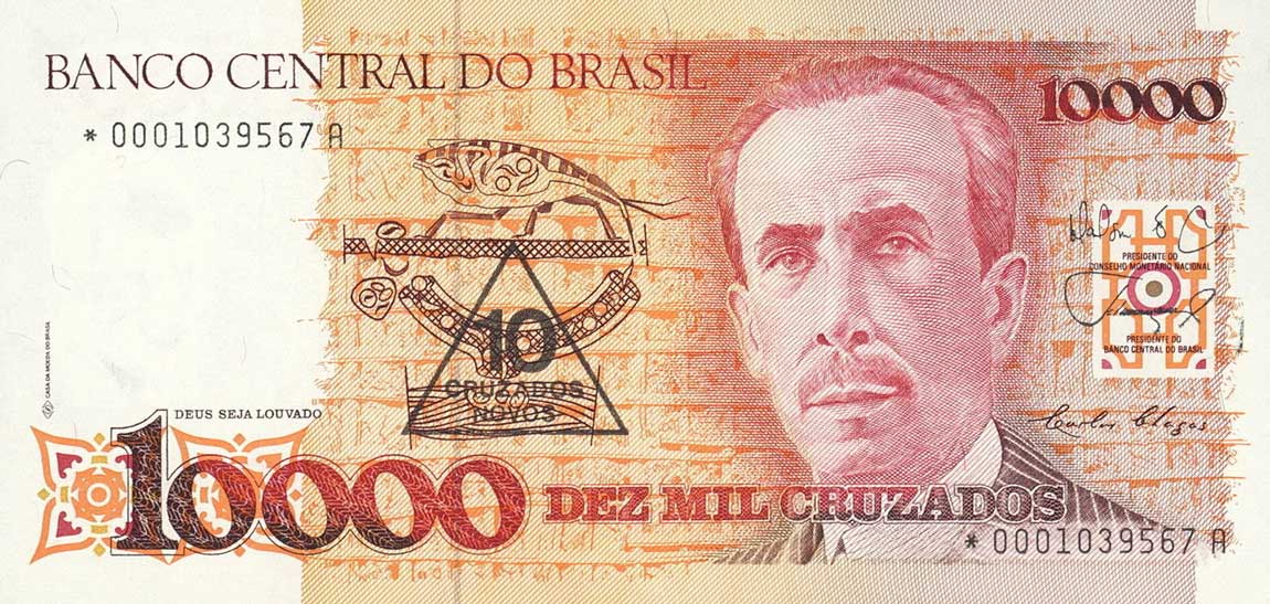 Front of Brazil p218r: 10 Cruzados Novos from 1989