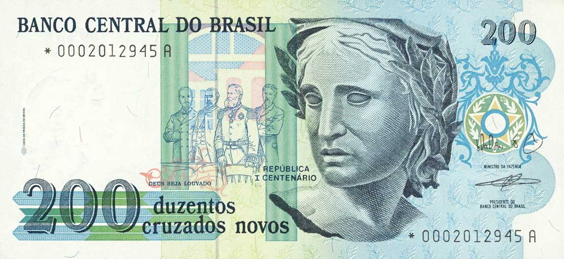 Front of Brazil p221r: 200 Cruzados Novos from 1989