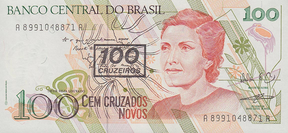 Front of Brazil p224b: 100 Cruzeiros from 1990
