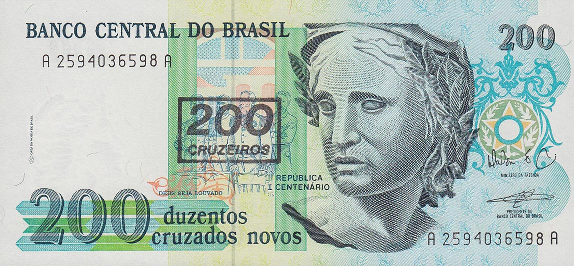 Front of Brazil p225b: 200 Cruzeiros from 1990