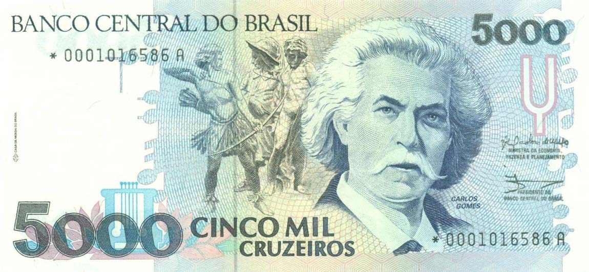 Front of Brazil p232a: 5000 Cruzeiros from 1990