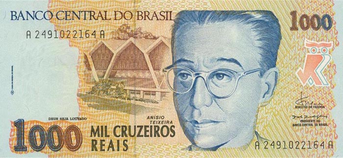 Front of Brazil p240a: 1000 Cruzeiros Reais from 1993