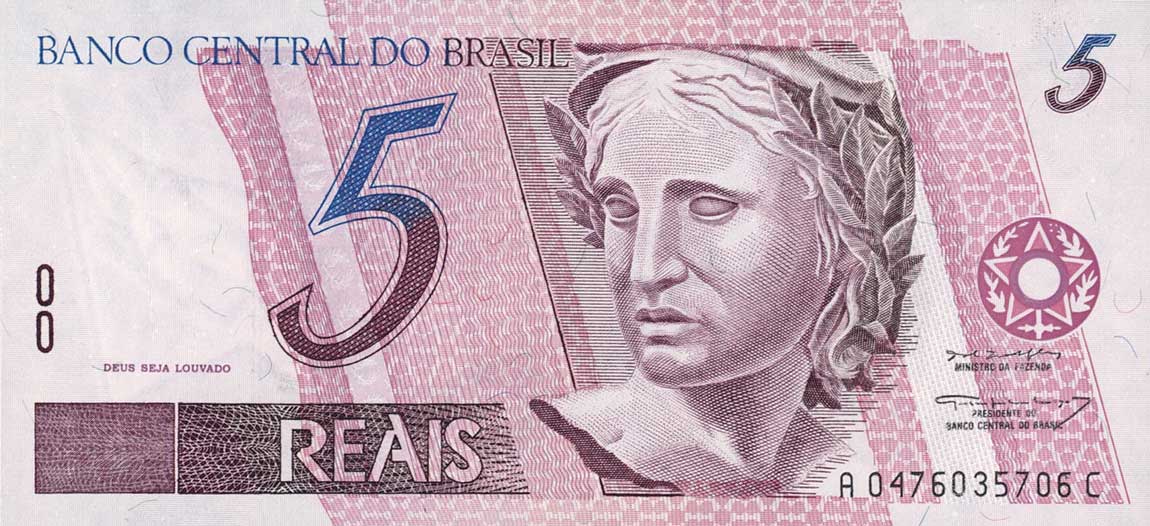 Front of Brazil p244Aa: 5 Reais from 1997