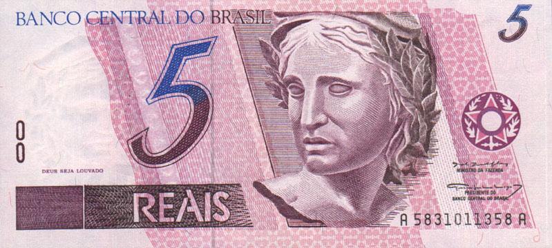 Front of Brazil p244c: 5 Reais from 1994