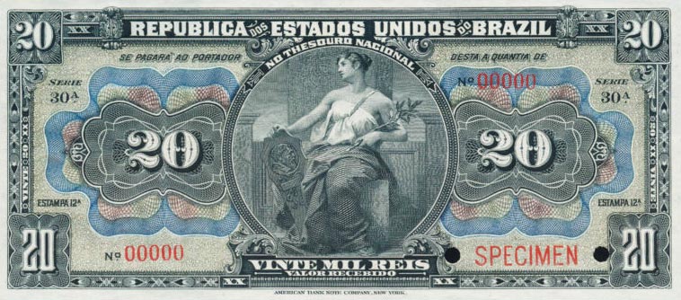 Front of Brazil p44s: 20 Mil Reis from 1909