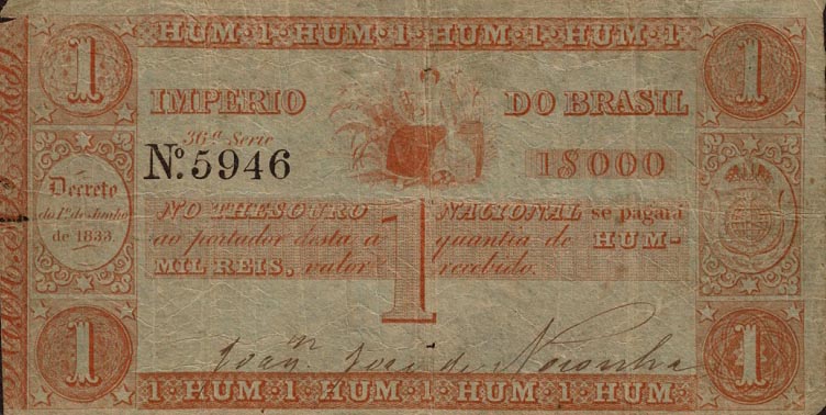 Front of Brazil pA210a: 1 Mil Reis from 1833