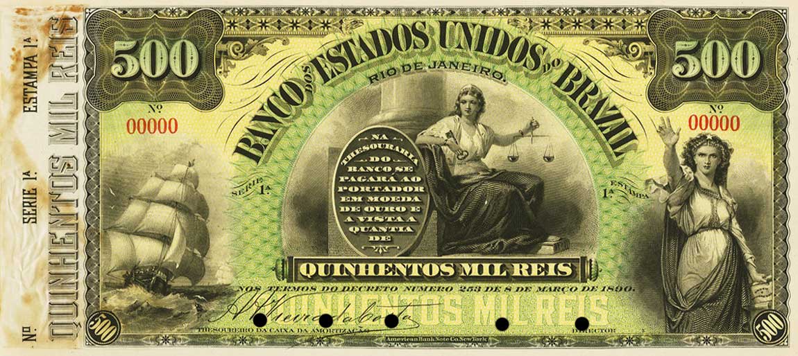 Front of Brazil pS607B: 500 Mil Reis from 1890