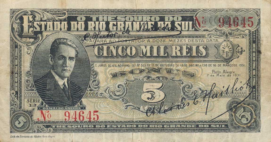 Front of Brazil pS781: 5 Mil Reis from 1931