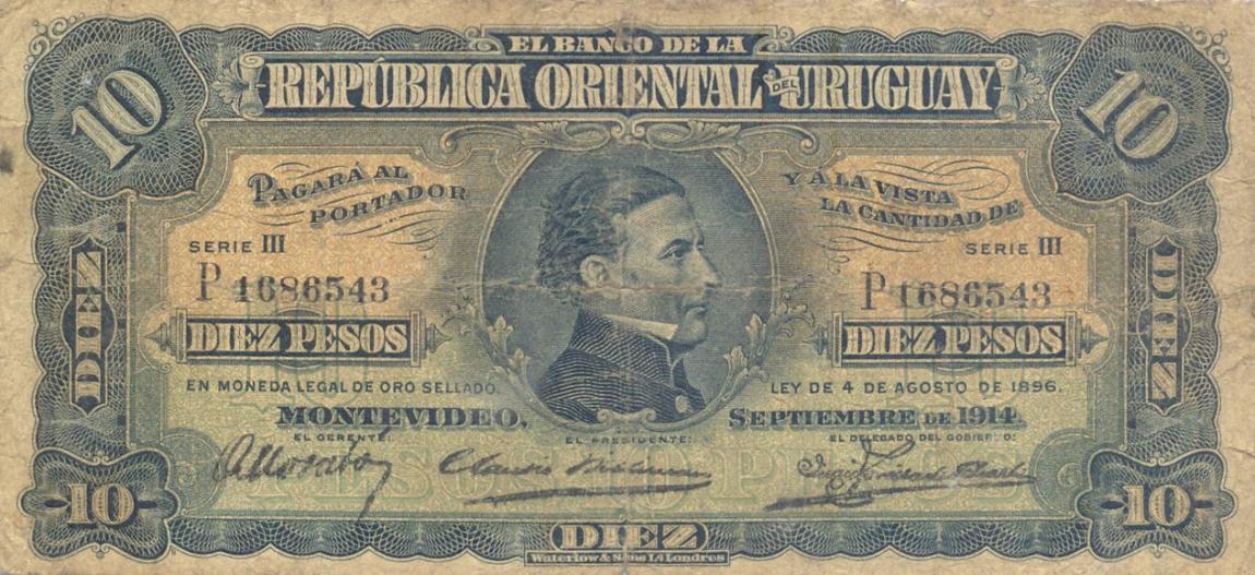Front of Uruguay p11a: 10 Pesos from 1914