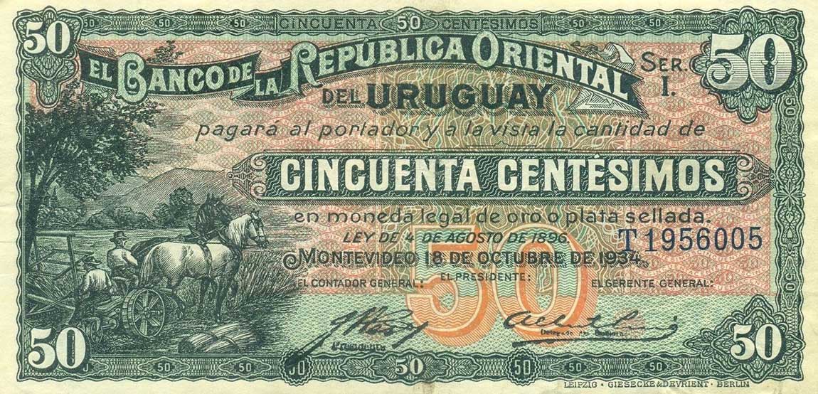 Front of Uruguay p20b: 50 Centesimos from 1934