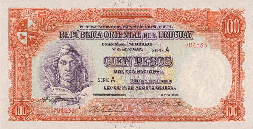 Front of Uruguay p31a: 100 Pesos from 1935