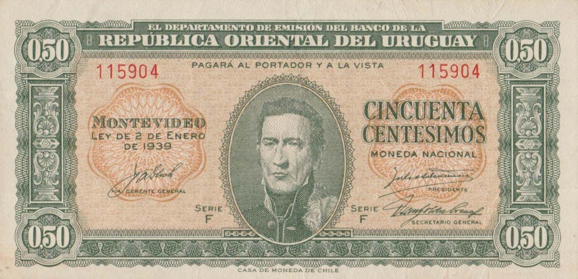 Front of Uruguay p34: 50 Centesimos from 1939