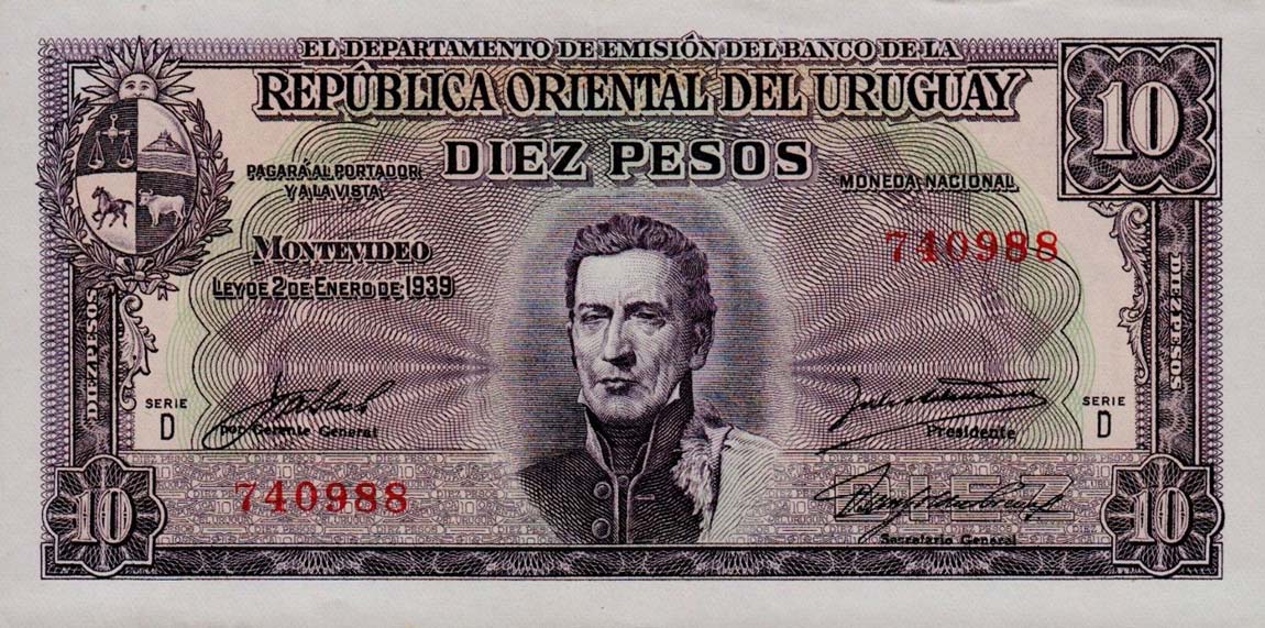 Front of Uruguay p37d: 10 Pesos from 1939