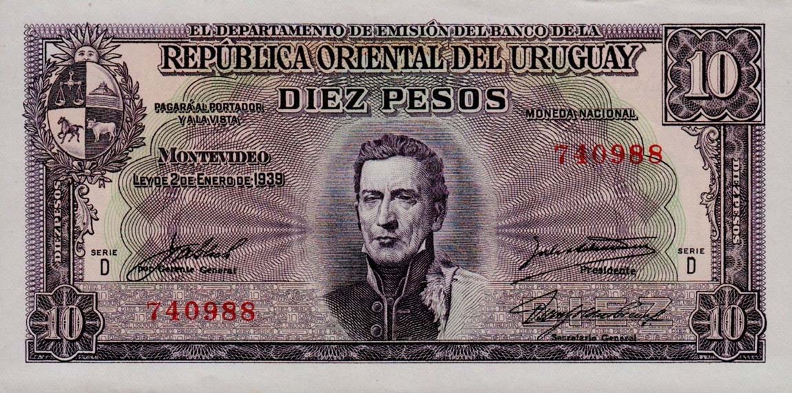 Front of Uruguay p37d: 10 Pesos from 1939