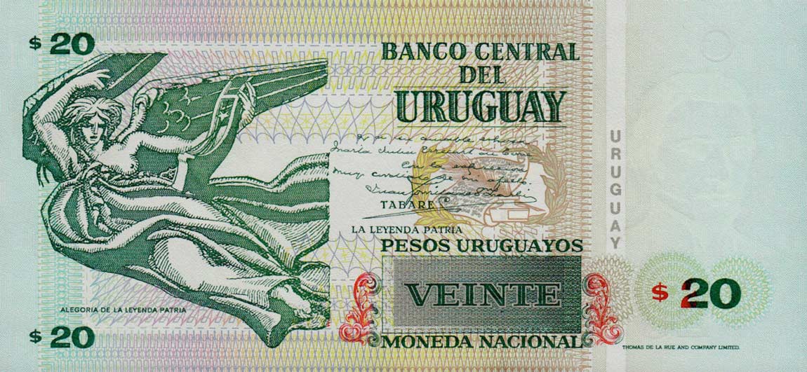 Back of Uruguay p74b: 20 Pesos Uruguayos from 1997