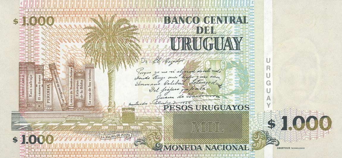 Back of Uruguay p91c: 1000 Pesos Uruguayos from 2011