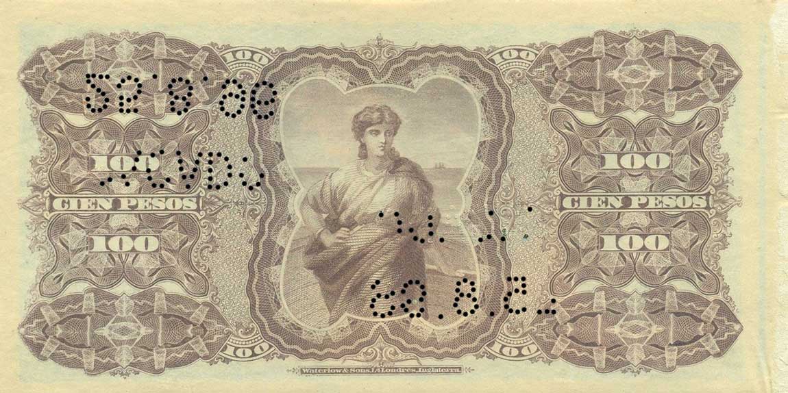 Back of Uruguay pA96a: 100 Pesos from 1887