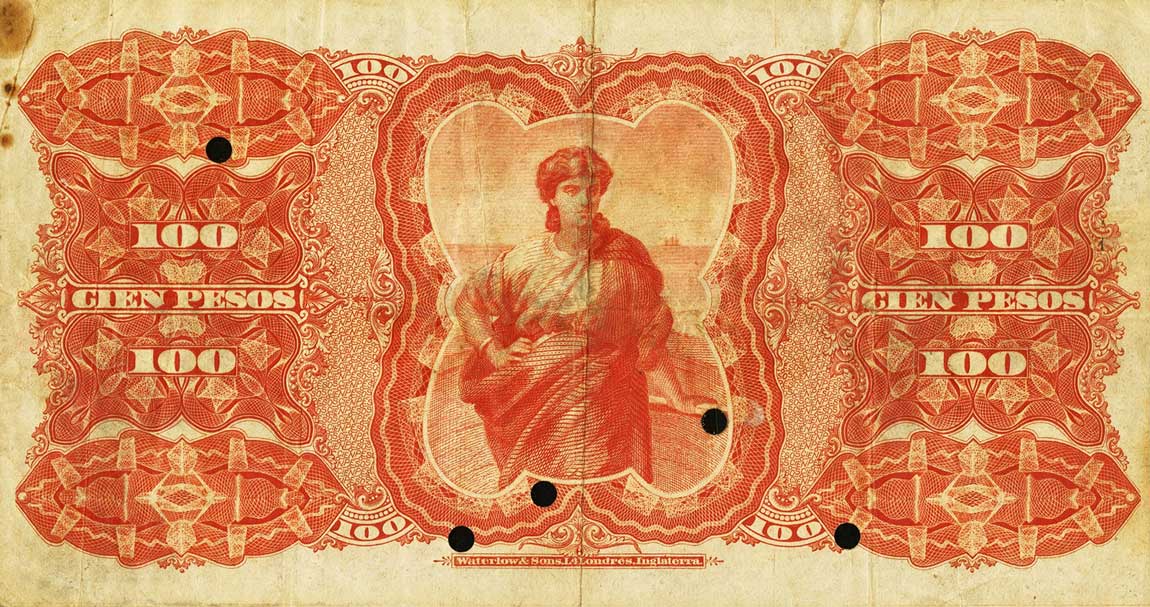 Back of Uruguay pA96r: 100 Pesos from 1887